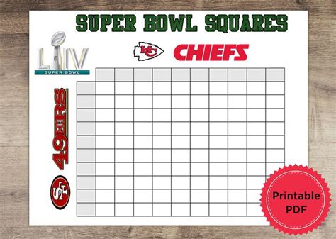 Printable Super Bowl Squares Game Instant Download 49ers Vs Chiefs