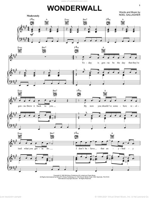 Oasis Wonderwall Sheet Music For Voice Piano Or Guitar Pdf