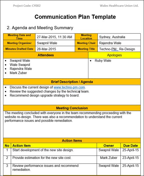Communication Plan Template Free Download Project Management Templates