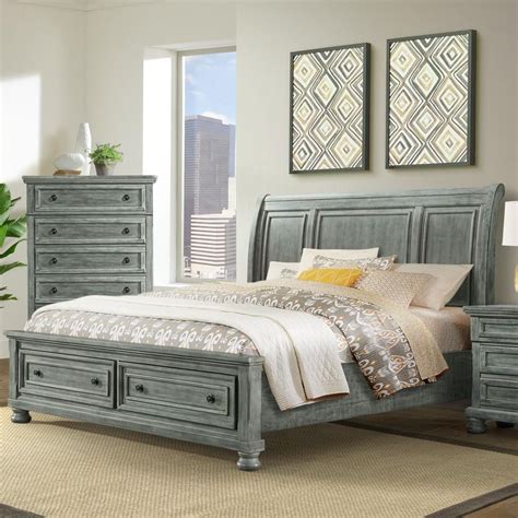 Elements Kingston Gray Queen Sleigh Bed With Storage Footboard Royal