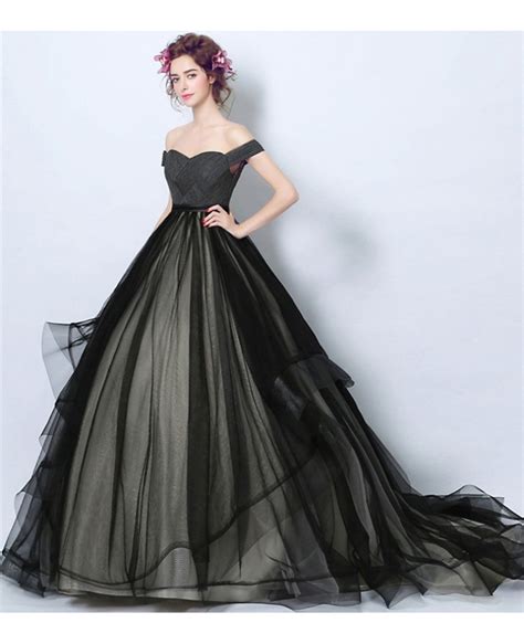 Black Ball Gown Off The Shoulder Court Train Tulle Wedding
