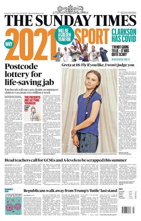 Sunday Times Front Page 3rd Of January 2021 Tomorrows Papers Today