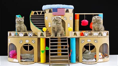 How To Diy Beautiful Cat House For Three Little Kittens Cardboard Cat