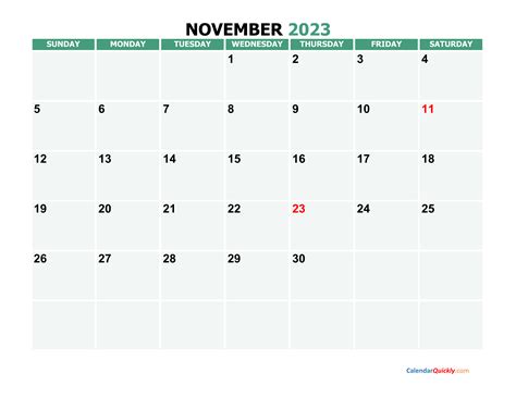 November 2023 Printable Calendar Calendar Quickly