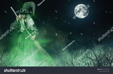 Scary Ugly Witch Standswith Broom Forest Stock Photo