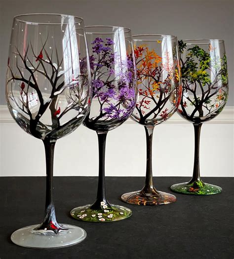 Four Seasons Tree Wine Glasses Spring Summer Winter Fall Set Of Four Hand Painted Art Unique