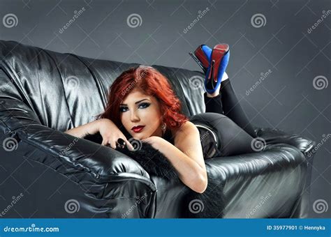 Woman Laying On Black Leather Couch Stock Image Image Of Luxury Grey
