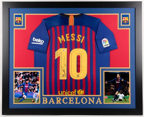 Lionel Messi Signed Barcelona 35x43 Custom Framed Jersey Display