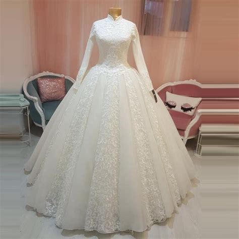 arabic bridal gown islamic muslim wedding dress arab ball gown lace hijab long sleeve princess