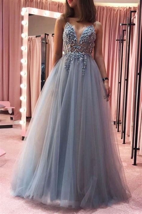 Gray V Neck Tulle Lace Long Prom Dress Gray Tulle Formal Dress Tulle