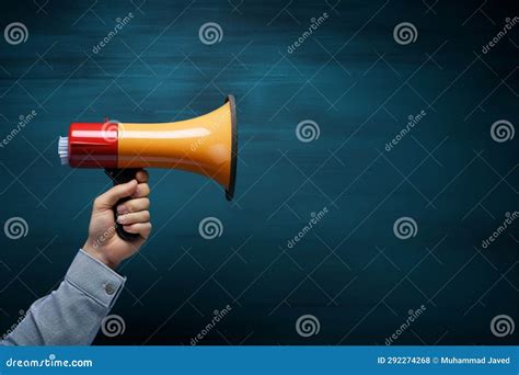 Megaphone And Hand On A Blue Chalkboard Space For Messages Stock