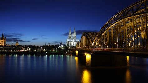 Germany Cologne Evening River Rhine Bridge Lights Buildings