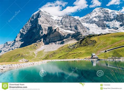 Fallbodensee Lake And Snowy Mountain At Jungfrau Region In Switzerland