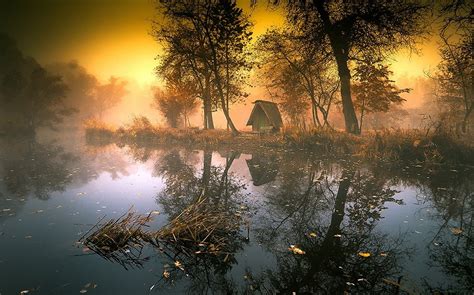 Sunrise Lake Mist Hut Trees Water Reflection Atmosphere