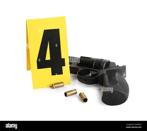 Gun Shell Casings And Crime Scene Marker With Number Four Isolated On