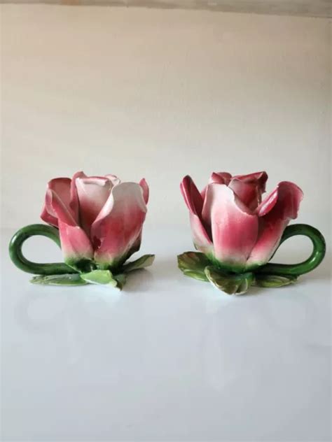 Vintage Capodimonte Porcelain Pink Rose Flower Candle Holder Hand Made