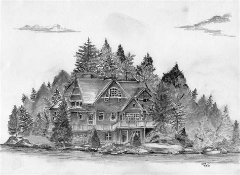 Cottage On A Lake Pencil Sketch On Normal Sketchpad Paper Pencil