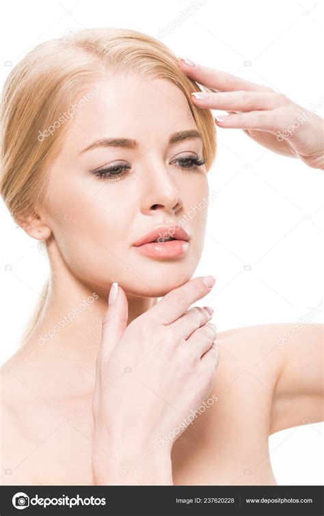 Beautiful Naked Woman Perfect Skin Touching Face Looking Away Isolated Stock Photo