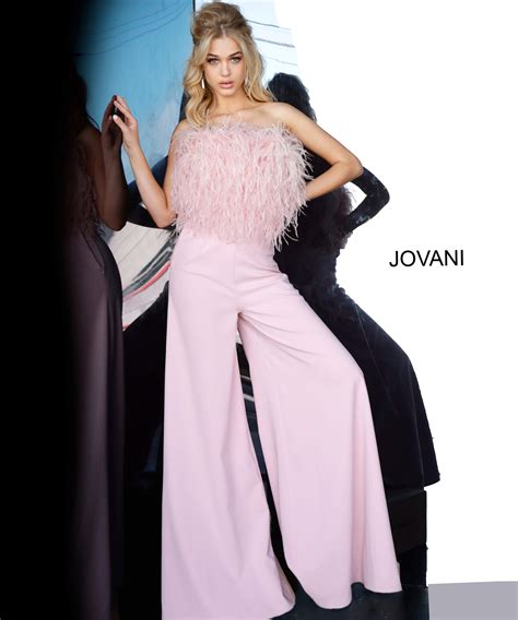 jovani 1542 blush strapless feather bodice flared jumpsuit
