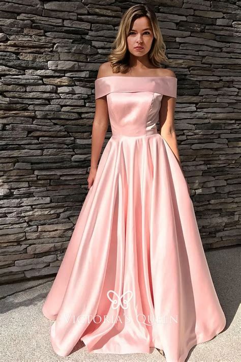 Lustrous Pink Satin Off The Shoulder Floor Length Simple Prom Dress
