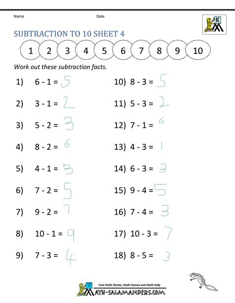 Math Worksheets Printable Subtraction To 10 4 2 Williamsburgh