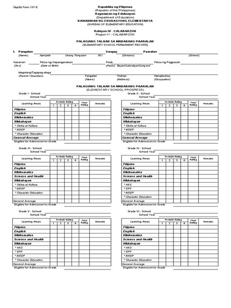 Deped Form 137 E Blankl Philippines Further Education