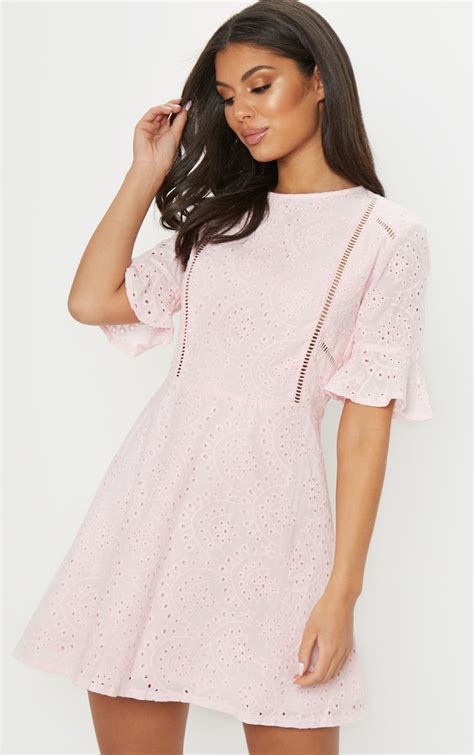 Pink Broderie Anglaise Frill Sleeve Skater Dress Prettylittlething