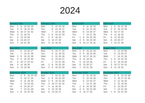 Calendario Del Año 2024 En Inglés Vector Premium