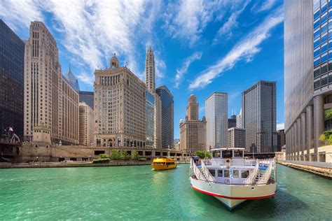 Chicago Downtown And Chicago River At Summer Time Stock Photo