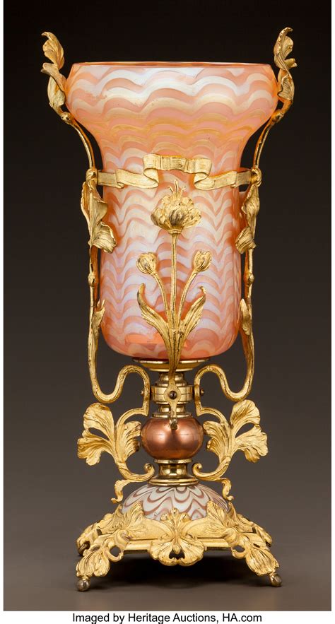 Austrian Art Nouveau Glass And Gilt Metal Vase Circa 1900 Ht Lot