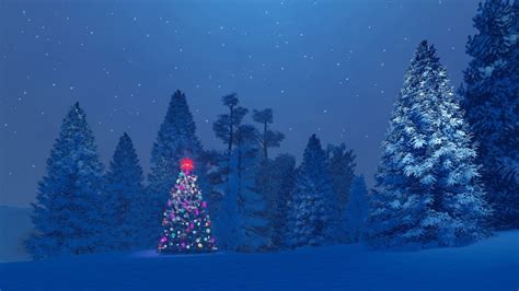 Decorated Christmas Tree Among Snowy Fir Forest At Night Stock Photo