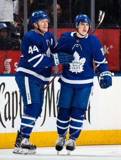 Mitch Marner 16 Of The Toronto Maple Leafs Celebrates With Teammate