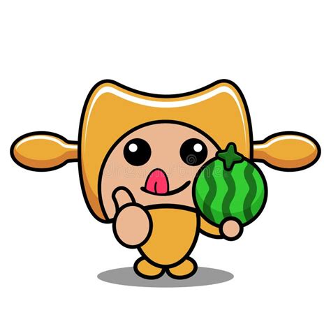 Rolling Pin Mascot Costume Doodle Holding Watermelon Stock Vector