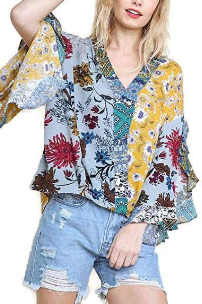 Umgee Women’s Floral Mixed Print Ruffled Sleeve Surplice Top Fashionmethat Umgee Clothing