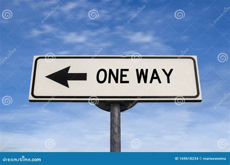 One Way White Road Sign With Arrow Arrow On Blue Sky Background Stock