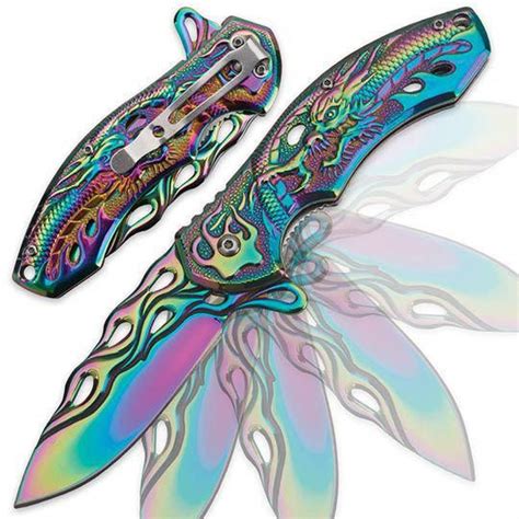 Soaring Dragon Flame Assisted Opening Pocket Knife Iridescent Rainbow
