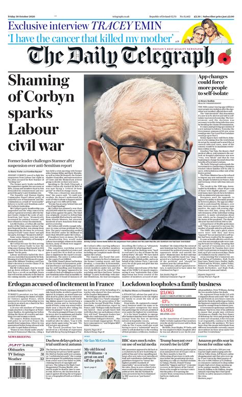 Daily Telegraph Front Page 30th Of October 2020 Tomorrows Papers Today