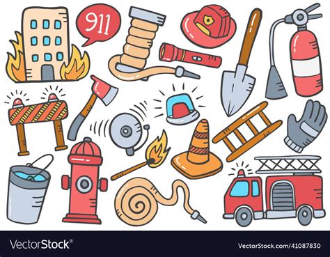 Firefighter Doodle Hand Drawn Set Collections Vector Image