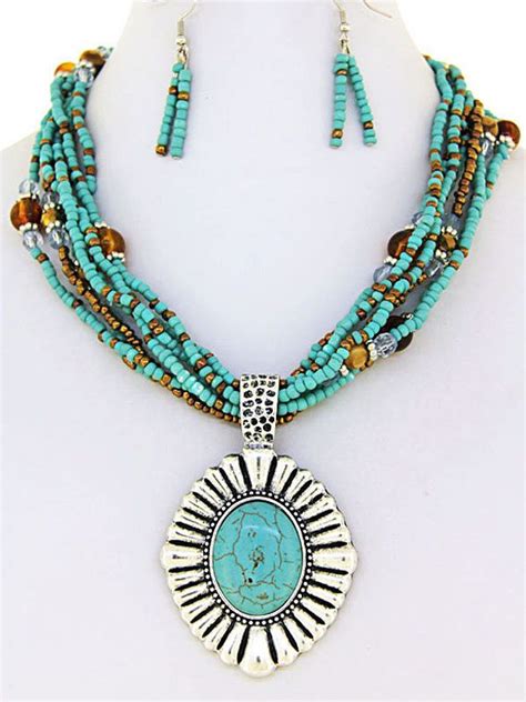 Western Cowgirl Turquoise Engraved Concho Pendant Multi Strand Bead