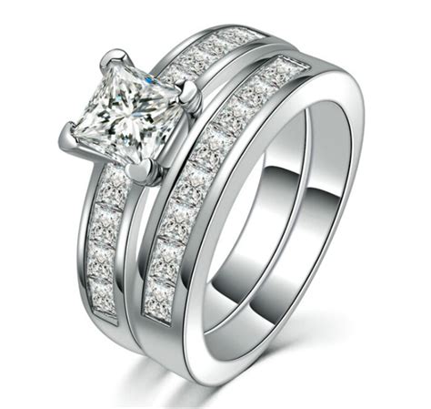 2pcslot Silver Double Rings Set Engagement Woman Cubic Zirconia Ring