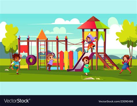 Kids Playing On Park Playground Cartoon Royalty Free Vector