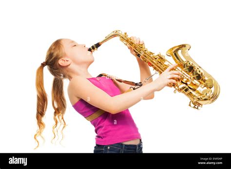 Happy Girl Playing Saxophone On White Background Stock Photo Alamy