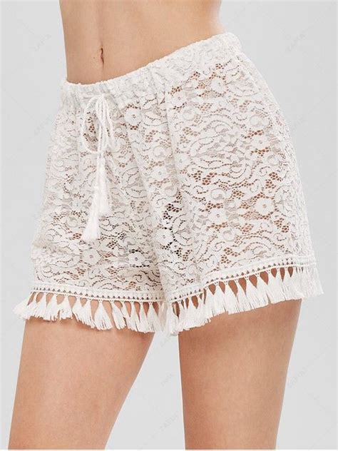 20 Off 2021 Floral Lace Tassel Drawstring Shorts In White Zaful