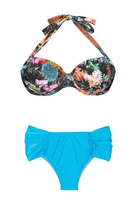 plus size bikini with printed balconette top and solid blue bottom plus corais blue maryssil