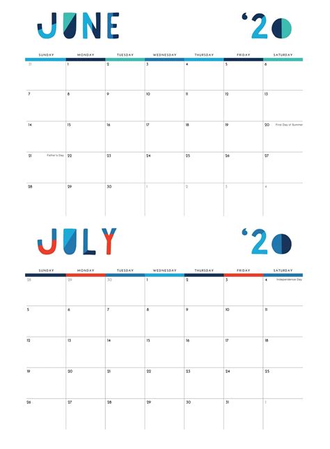 June July Calendar Printable