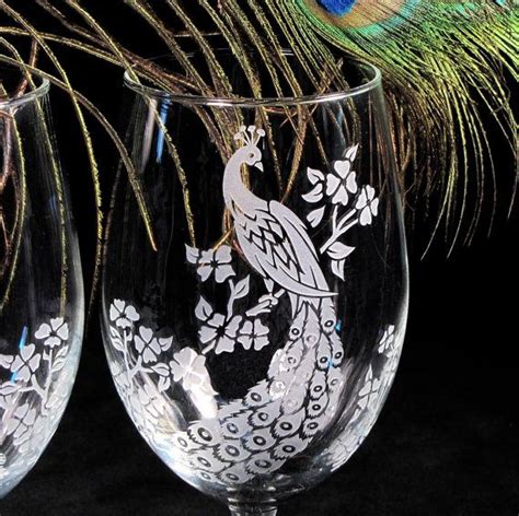 Etched Glass Peacock Wine Glasses Set Of Two By Bradgoodell 46 00 Peacock Wine Glasses