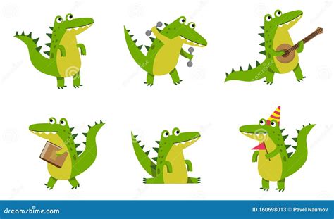 Alligators With Different Emotions In Various Poses Vector