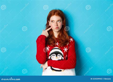 Winter Holidays And Christmas Eve Concept Pretty Redhead Girl In Xmas