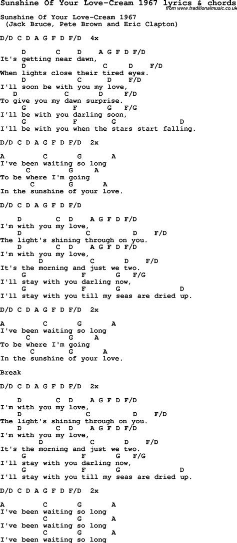 Love Song Lyrics Forsunshine Of Your Love Cream 1967 With Chords
