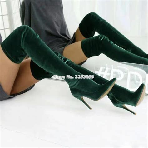 Almudena Dark Green Velvet Pointed Toe Over The Knee Boots Thin High Heels Slim Fit Skinny Thigh